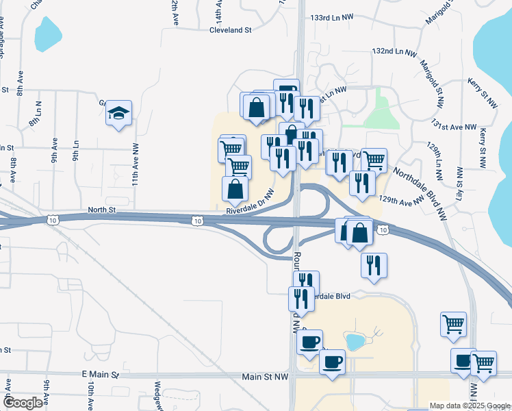 map of restaurants, bars, coffee shops, grocery stores, and more near 12785 Riverdale Drive Northwest in Coon Rapids