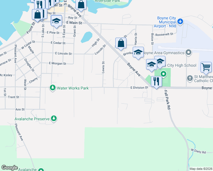 map of restaurants, bars, coffee shops, grocery stores, and more near 573-599 East Division Street in Boyne City