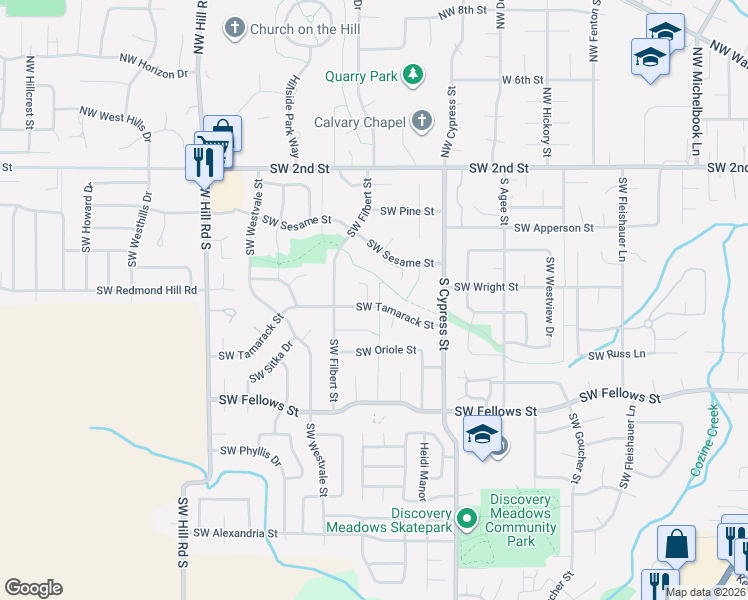 map of restaurants, bars, coffee shops, grocery stores, and more near 1750 Southwest Sesame Street in McMinnville