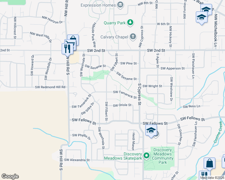 map of restaurants, bars, coffee shops, grocery stores, and more near 1847 Southwest Tamarack Street in McMinnville