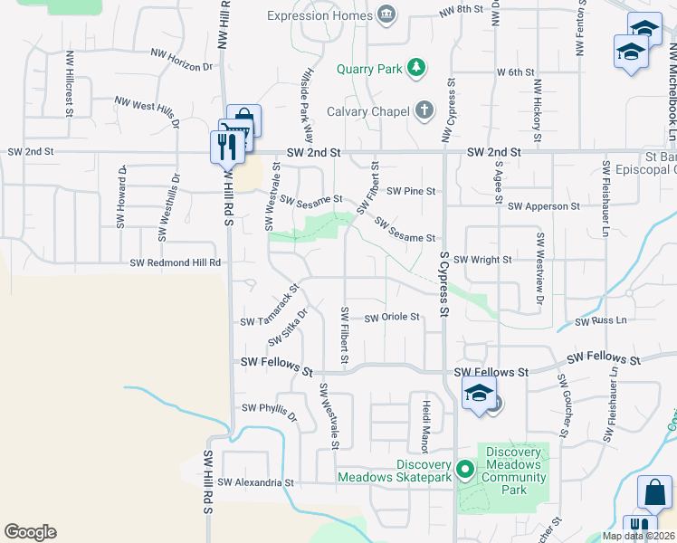 map of restaurants, bars, coffee shops, grocery stores, and more near 591 Southwest Filbert Street in McMinnville