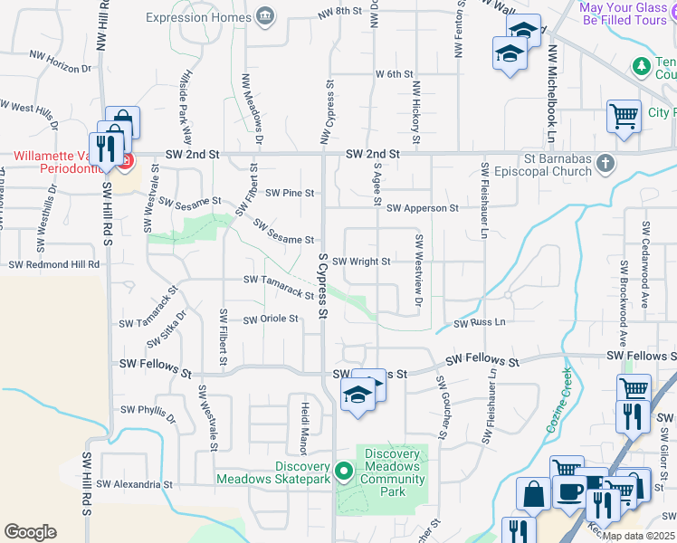 map of restaurants, bars, coffee shops, grocery stores, and more near 1698 Southwest Shelton Street in McMinnville