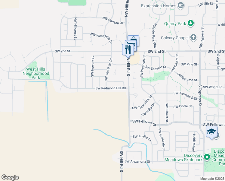 map of restaurants, bars, coffee shops, grocery stores, and more near 2333 Southwest Redmond Hill Road in McMinnville