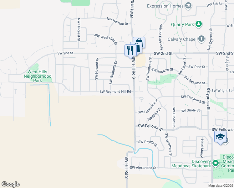 map of restaurants, bars, coffee shops, grocery stores, and more near 2333 Southwest Redmond Hill Road in McMinnville