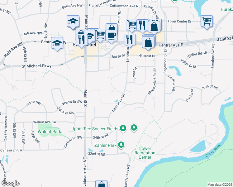 map of restaurants, bars, coffee shops, grocery stores, and more near 316 2nd Street Southeast in Saint Michael