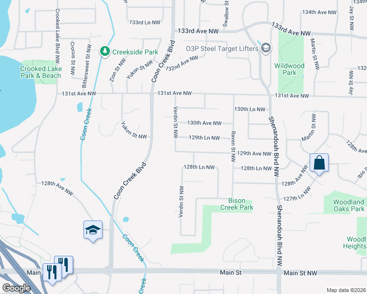 map of restaurants, bars, coffee shops, grocery stores, and more near 2394 129th Lane Northwest in Minneapolis