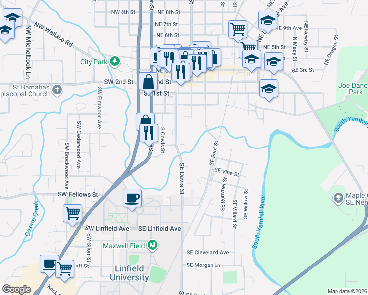 map of restaurants, bars, coffee shops, grocery stores, and more near 550 Southeast Davis Street in McMinnville