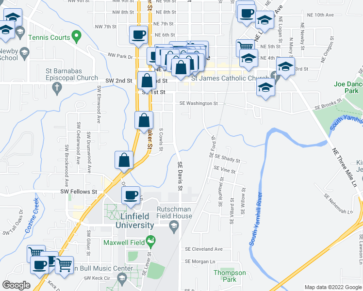 map of restaurants, bars, coffee shops, grocery stores, and more near 560 Southeast Davis Street in McMinnville