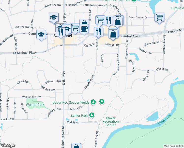 map of restaurants, bars, coffee shops, grocery stores, and more near 316 2nd Street Southeast in Saint Michael
