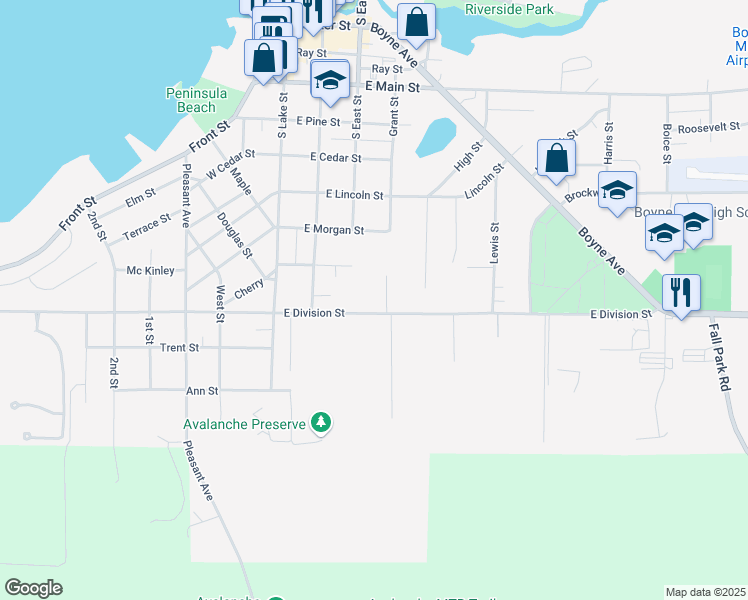 map of restaurants, bars, coffee shops, grocery stores, and more near 315 East Division Street in Boyne City