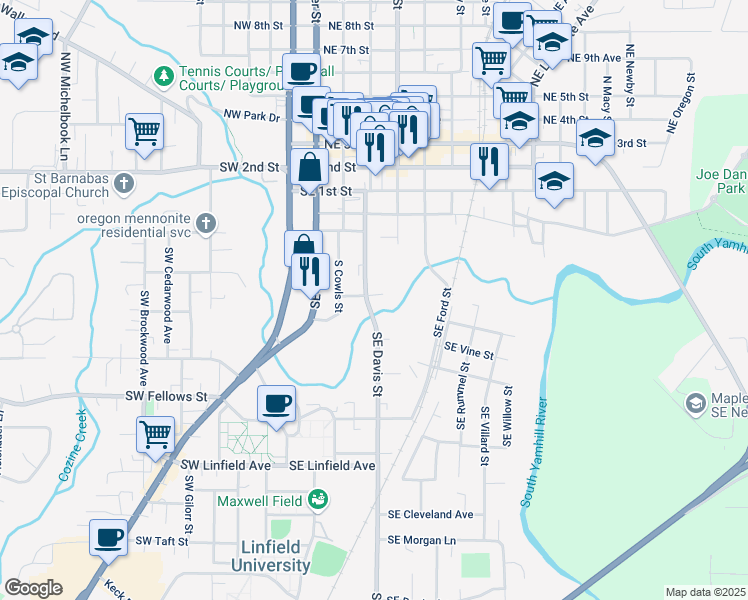 map of restaurants, bars, coffee shops, grocery stores, and more near 550 Southeast Davis Street in McMinnville