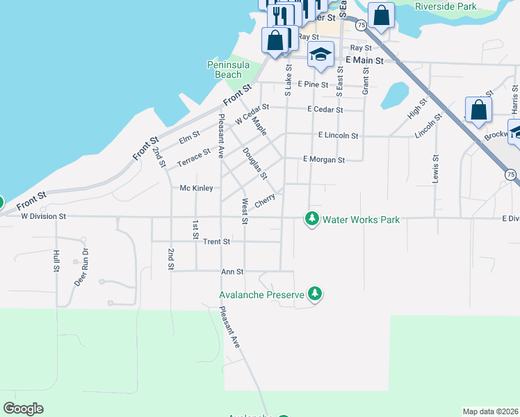 map of restaurants, bars, coffee shops, grocery stores, and more near 110-198 Cherry in Boyne City