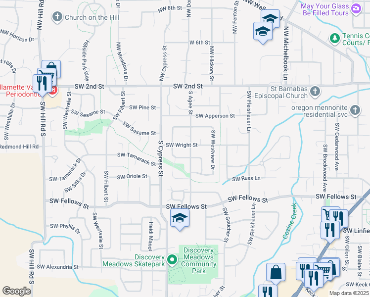 map of restaurants, bars, coffee shops, grocery stores, and more near 1618 Southwest Wright Street in McMinnville