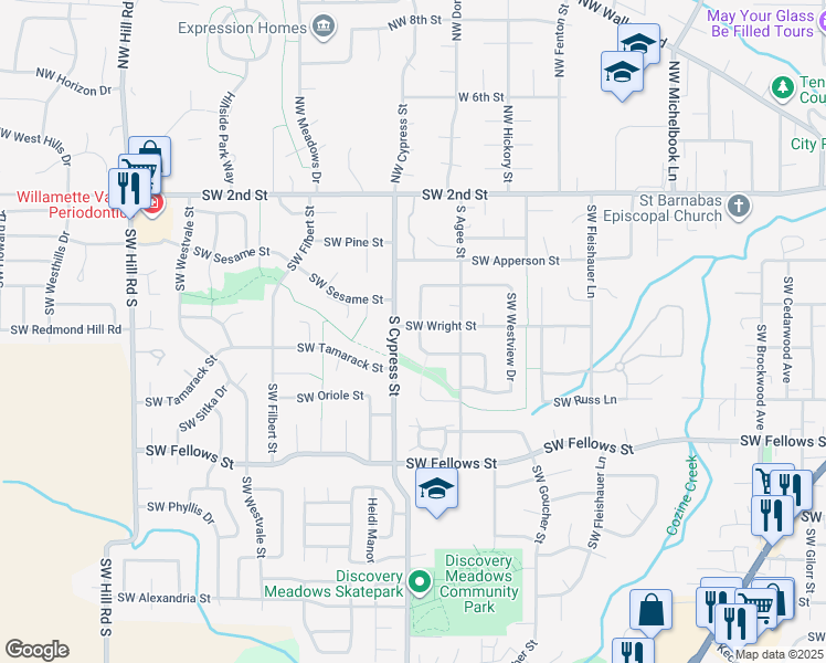 map of restaurants, bars, coffee shops, grocery stores, and more near 1698 Southwest Shelton Street in McMinnville
