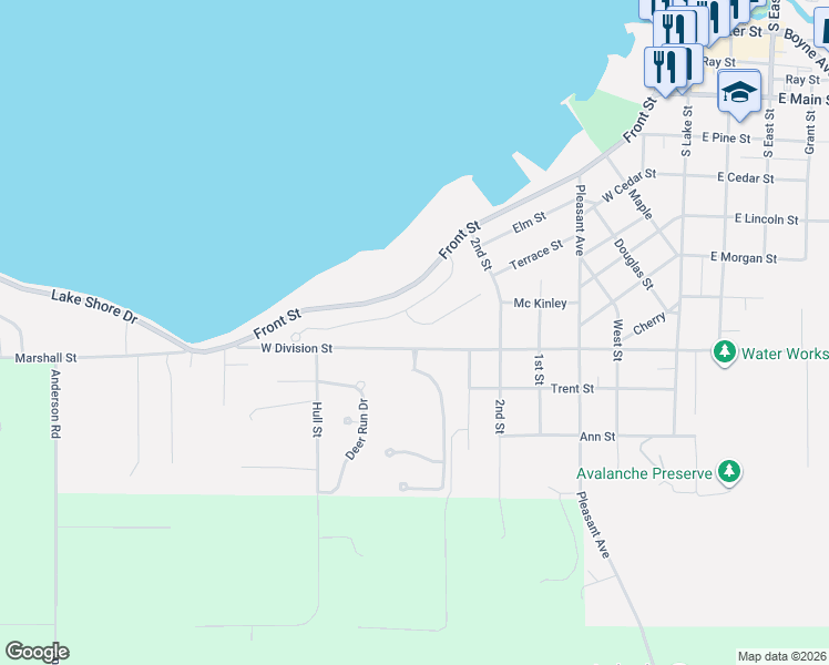 map of restaurants, bars, coffee shops, grocery stores, and more near 500-510 Forest Park in Boyne City