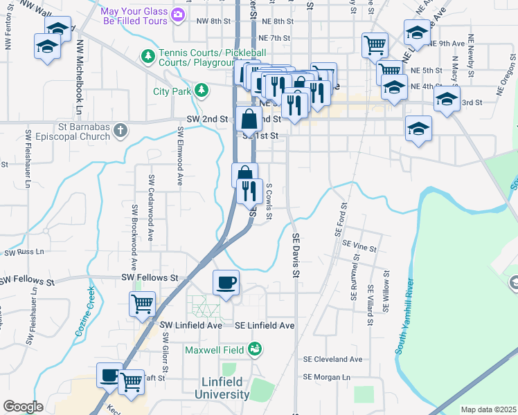 map of restaurants, bars, coffee shops, grocery stores, and more near 448 Southeast Baker Street in McMinnville
