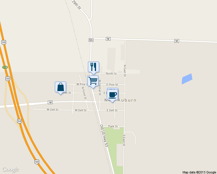 map of restaurants, bars, coffee shops, grocery stores, and more near 131 East Pine Street in New Auburn