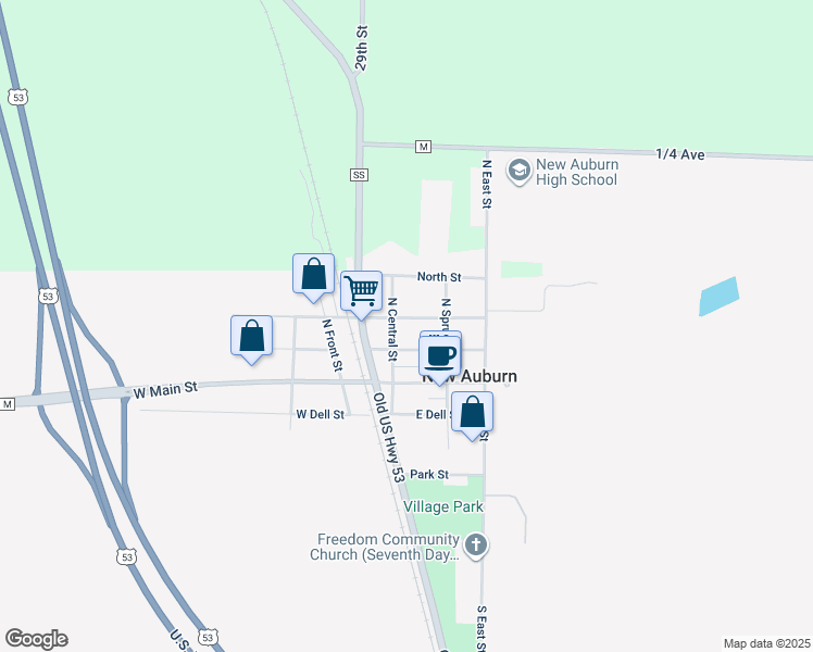 map of restaurants, bars, coffee shops, grocery stores, and more near 131 East Pine Street in New Auburn