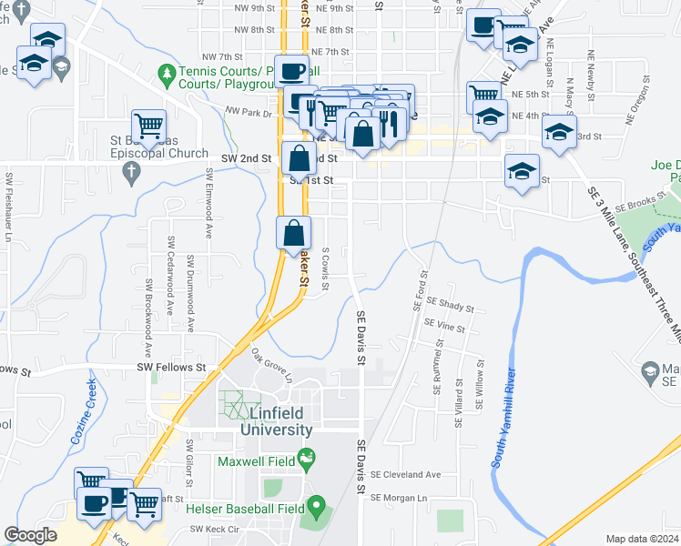 map of restaurants, bars, coffee shops, grocery stores, and more near 341 Southeast Wilson Street in McMinnville