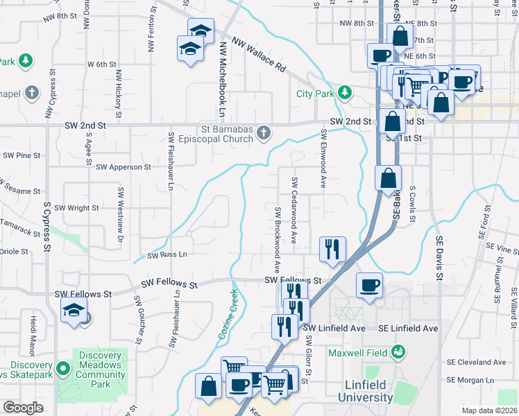map of restaurants, bars, coffee shops, grocery stores, and more near 820 Southwest Collard Street in McMinnville