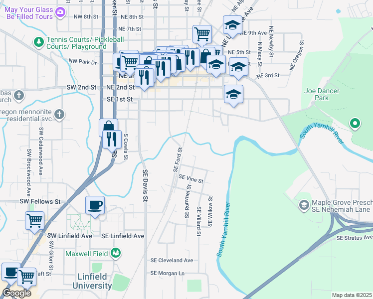 map of restaurants, bars, coffee shops, grocery stores, and more near 526 Southeast Hembree Street in McMinnville