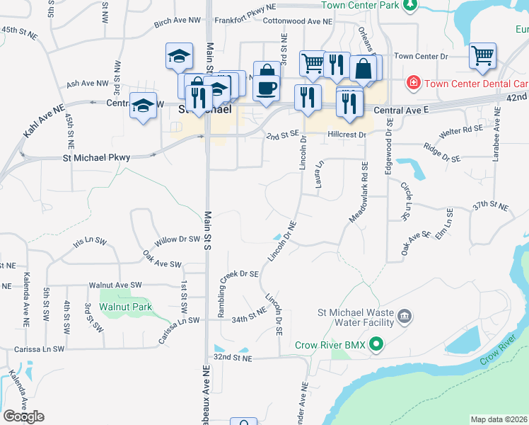 map of restaurants, bars, coffee shops, grocery stores, and more near 316 Lincoln Dr NE in St Michael
