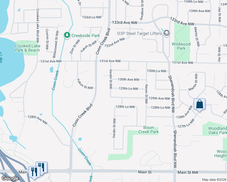 map of restaurants, bars, coffee shops, grocery stores, and more near 2394 129th Lane Northwest in Minneapolis