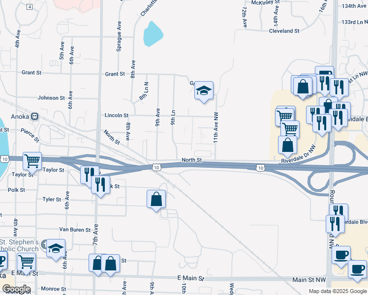 map of restaurants, bars, coffee shops, grocery stores, and more near 2620 9th Lane in Anoka