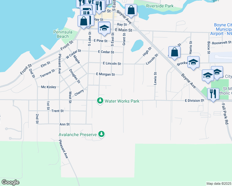 map of restaurants, bars, coffee shops, grocery stores, and more near 315 East Division Street in Boyne City