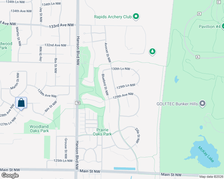map of restaurants, bars, coffee shops, grocery stores, and more near 12950 Avocet Street Northwest in Minneapolis