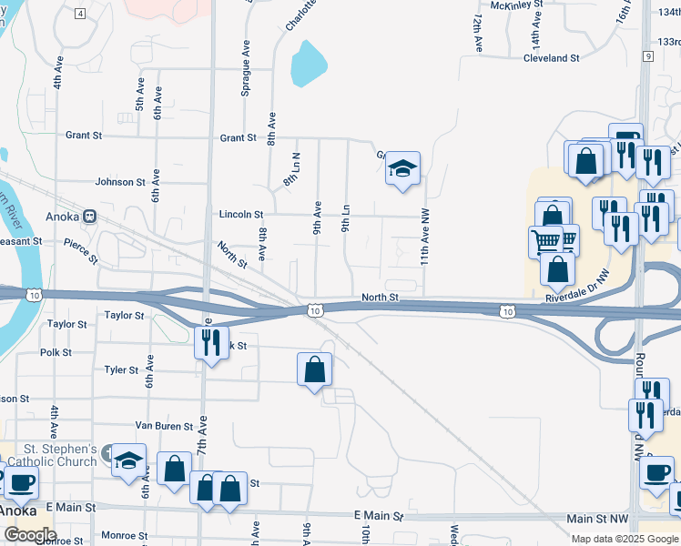 map of restaurants, bars, coffee shops, grocery stores, and more near 2625 9th Lane in Anoka