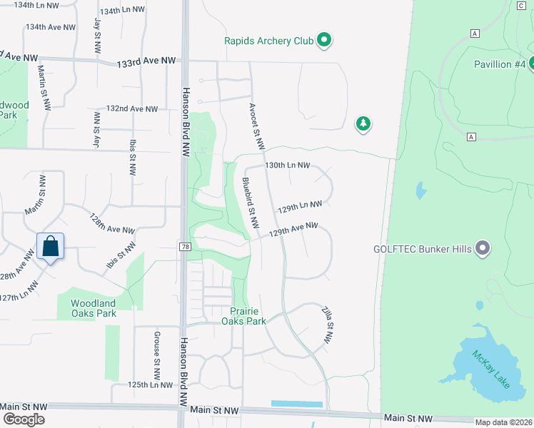 map of restaurants, bars, coffee shops, grocery stores, and more near 12950 Avocet Street Northwest in Minneapolis