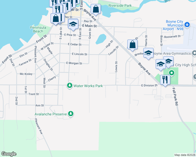 map of restaurants, bars, coffee shops, grocery stores, and more near 899 Earl Street in Boyne City