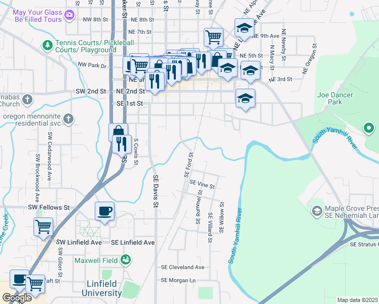 map of restaurants, bars, coffee shops, grocery stores, and more near 526 Southeast Hembree Street in McMinnville
