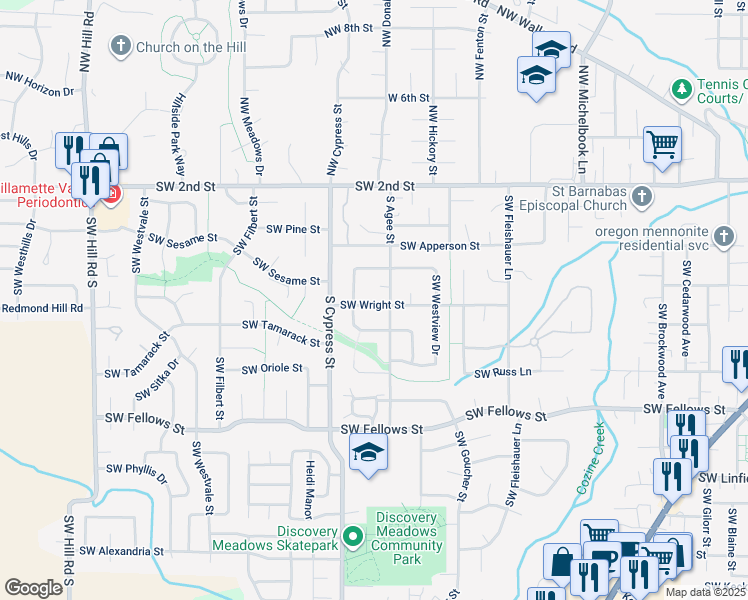 map of restaurants, bars, coffee shops, grocery stores, and more near 1618 Southwest Wright Street in McMinnville