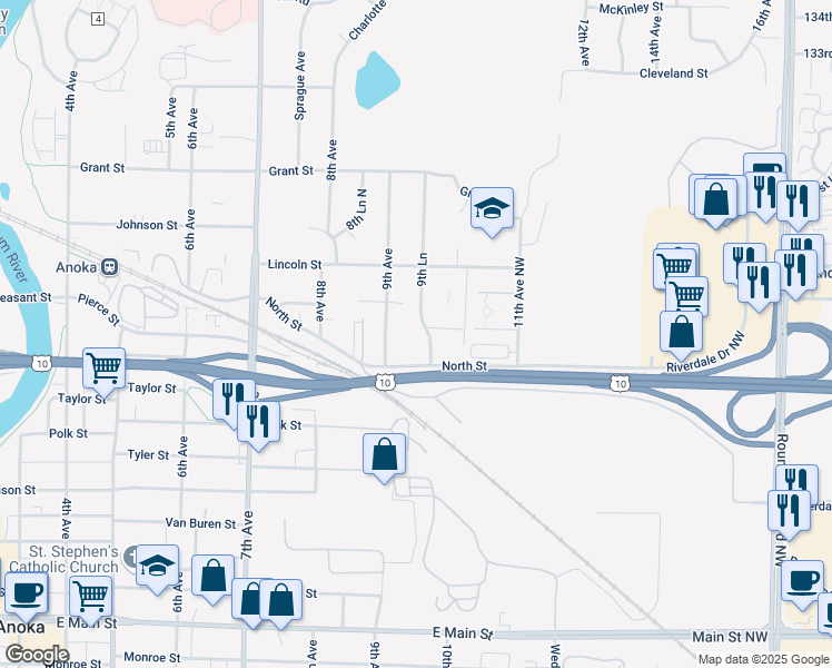 map of restaurants, bars, coffee shops, grocery stores, and more near 2625 9th Lane in Anoka