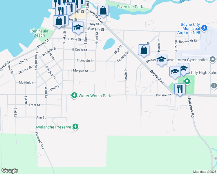 map of restaurants, bars, coffee shops, grocery stores, and more near 899 Earl St in Boyne City