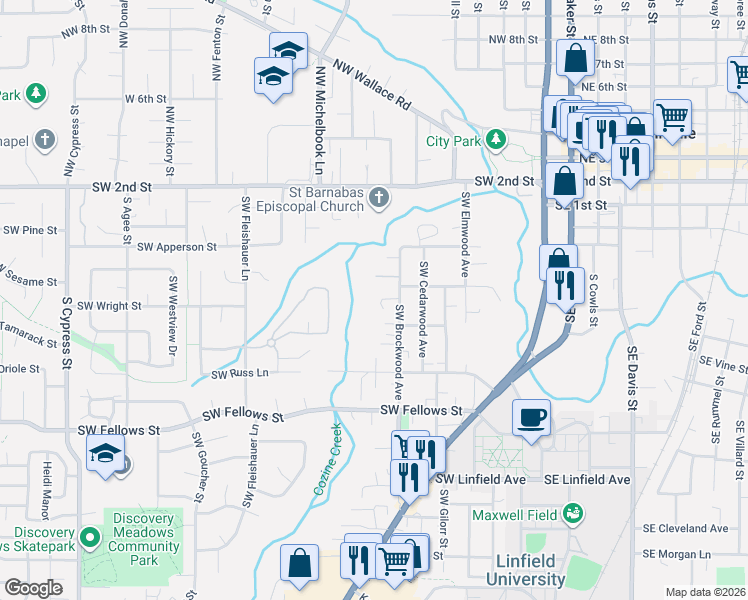 map of restaurants, bars, coffee shops, grocery stores, and more near 820 Southwest Collard Street in McMinnville