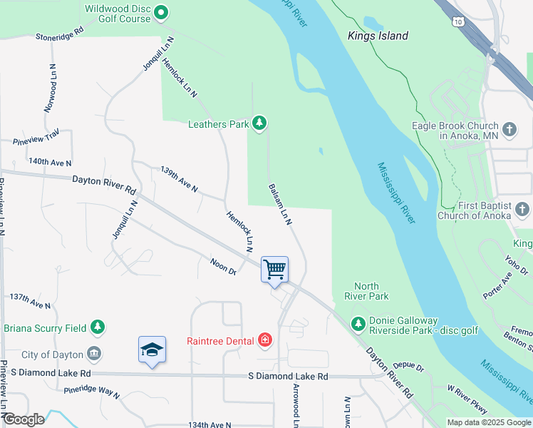 map of restaurants, bars, coffee shops, grocery stores, and more near 13901 Balsam Lane North in Dayton