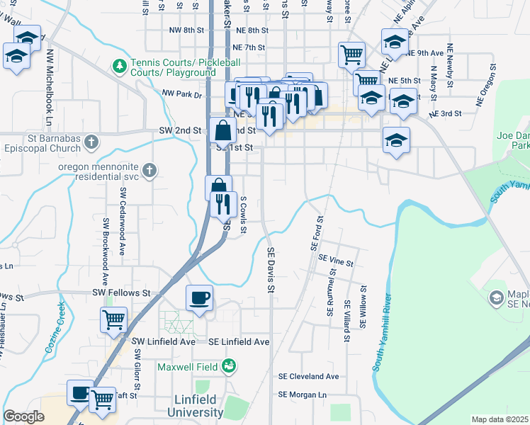 map of restaurants, bars, coffee shops, grocery stores, and more near 550 Southeast Davis Street in McMinnville