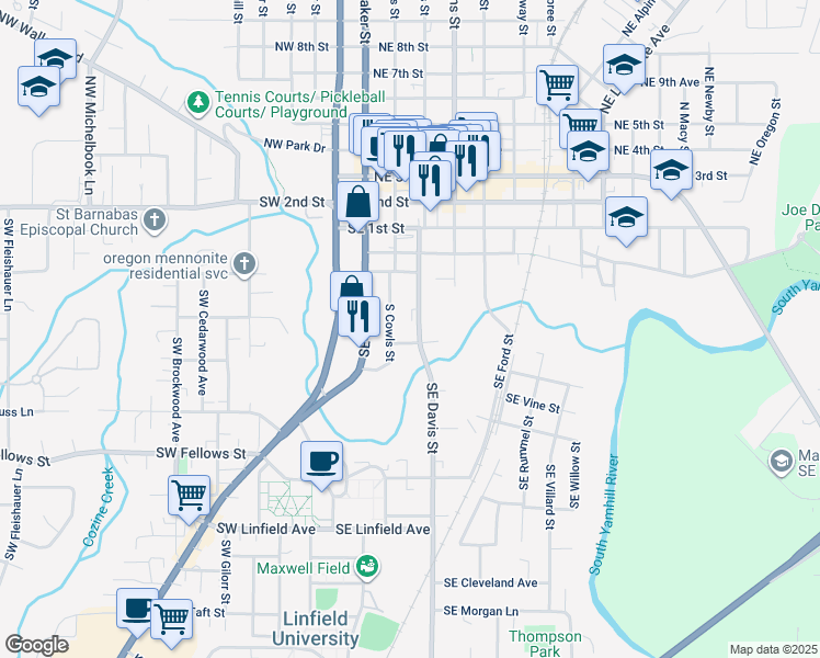 map of restaurants, bars, coffee shops, grocery stores, and more near 341 Southeast Wilson Street in McMinnville