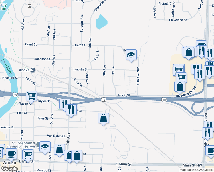 map of restaurants, bars, coffee shops, grocery stores, and more near 2625 9th Lane in Anoka