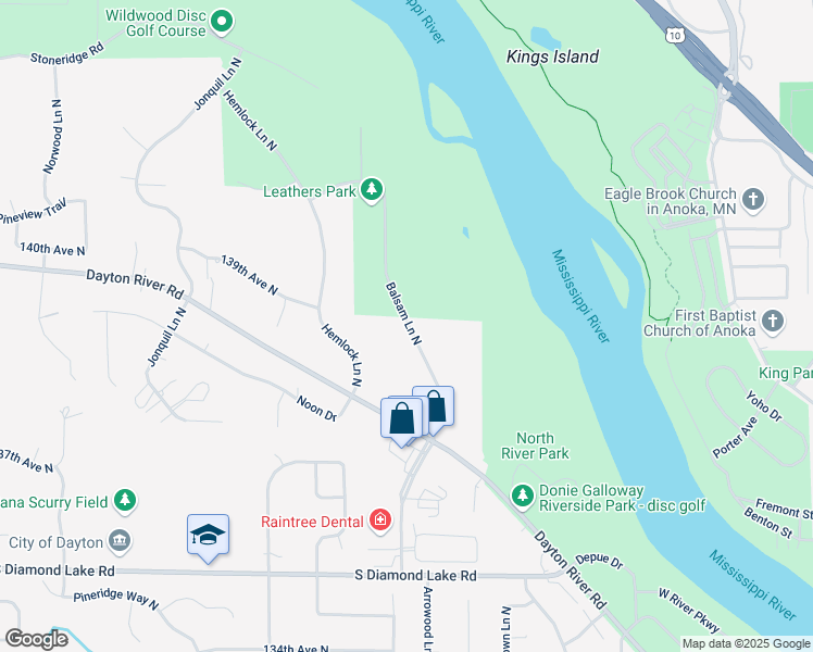 map of restaurants, bars, coffee shops, grocery stores, and more near 13901 Balsam Lane North in Dayton