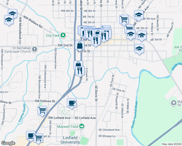 map of restaurants, bars, coffee shops, grocery stores, and more near 505 Southeast Davis Street in McMinnville