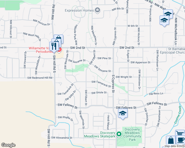 map of restaurants, bars, coffee shops, grocery stores, and more near 531 Southwest Honeysuckle Court in McMinnville