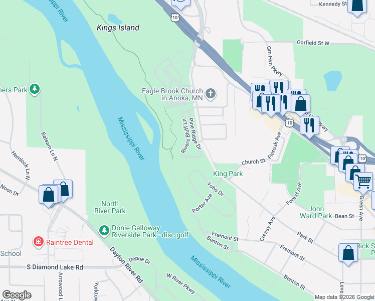 map of restaurants, bars, coffee shops, grocery stores, and more near 2616 Rivers Bluff Lane in Anoka
