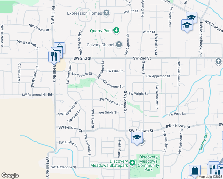 map of restaurants, bars, coffee shops, grocery stores, and more near 1750 Southwest Sesame Street in McMinnville