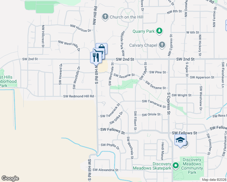 map of restaurants, bars, coffee shops, grocery stores, and more near 2067 Southwest Oleander Street in McMinnville