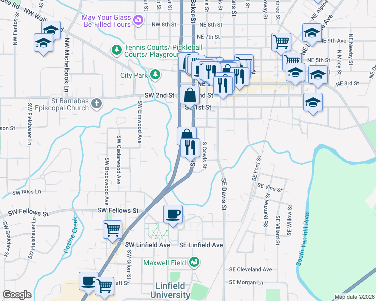 map of restaurants, bars, coffee shops, grocery stores, and more near 448 Southeast Baker Street in McMinnville