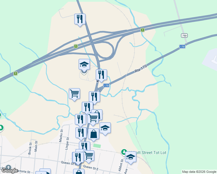 map of restaurants, bars, coffee shops, grocery stores, and more near 10 New Brunswick 170 in Dufferin
